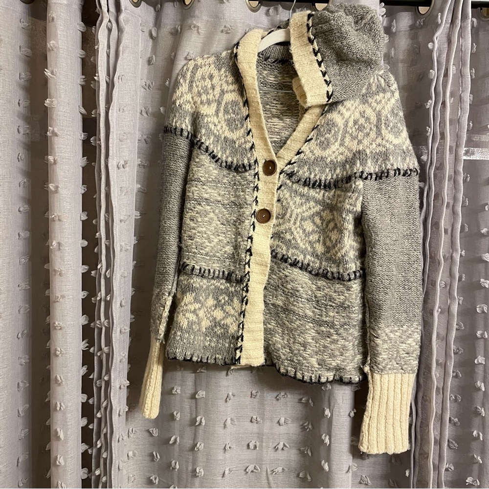 Free People Cream & Gray Hooded Fair Isle Button Cardigan